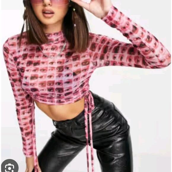 The Ragged Priest High Neck Cropped Ruched Longsleeve Pink Sheer Top Sz 8 - Picture 7 of 7